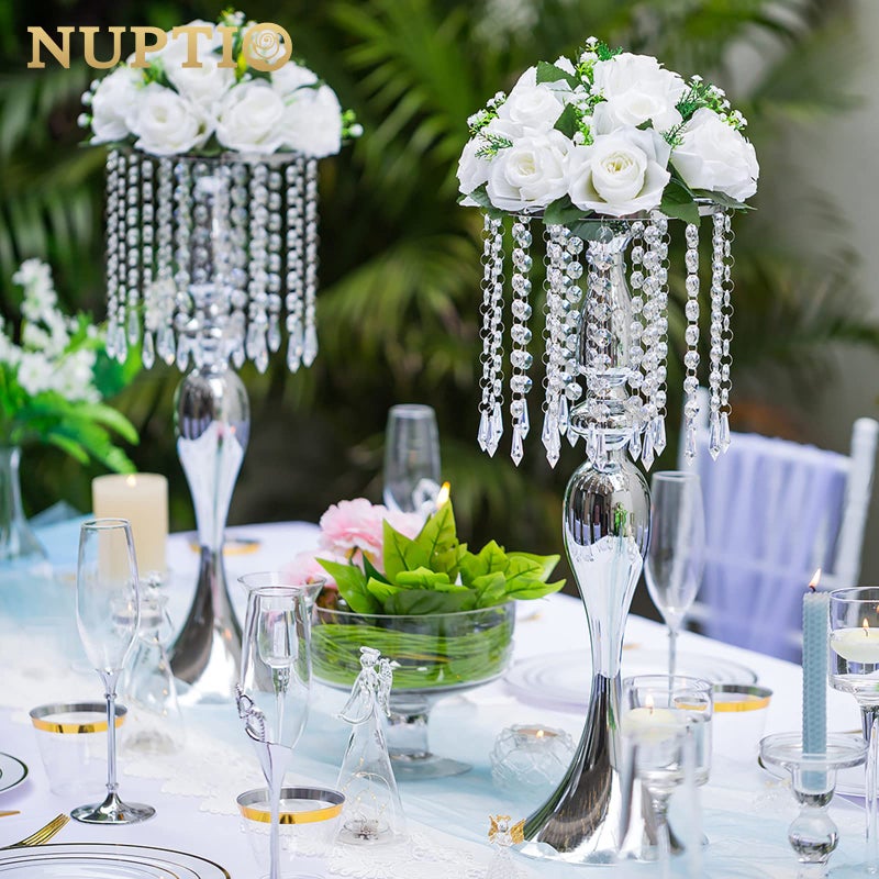 NUPTIO 2 Pcs 21.3 inches Tall Crystal Metal Vase Wedding Road Lead Flower Holders Centerpiece Crystal Flower Chandelier Metal Flower Vase for Reception Tables Wedding Supplies - Image 2